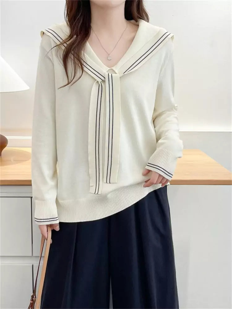 Suéter de punto con cuello marinero a rayas grises para mujer