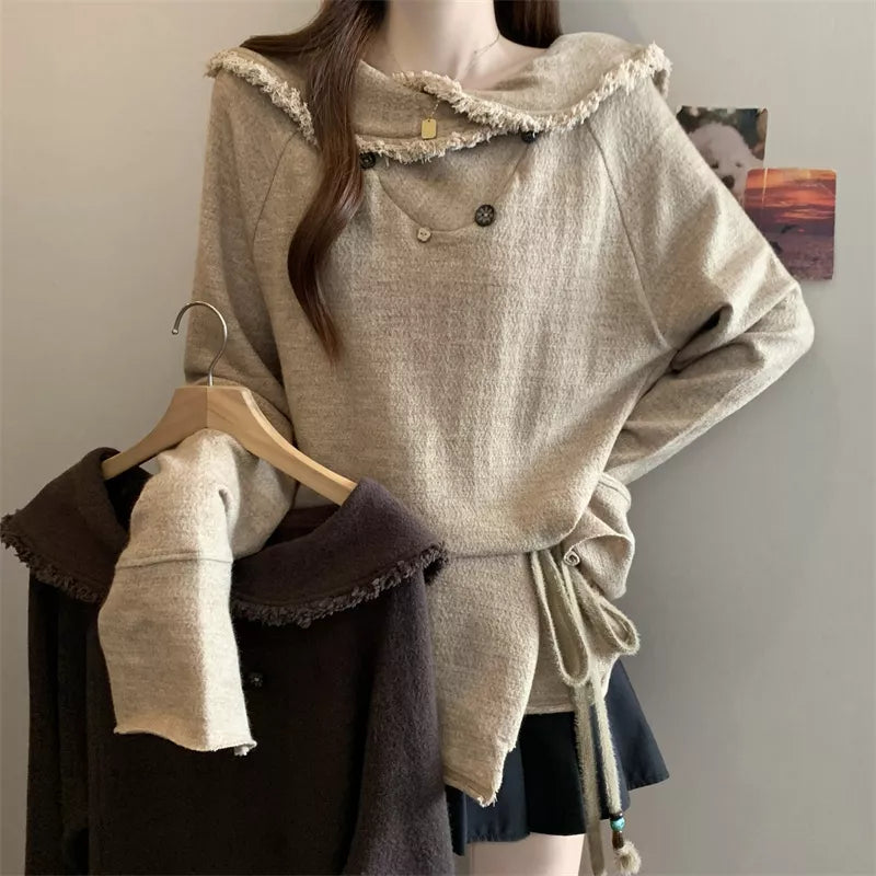 Suéter de punto con flecos y solapa retro vintage para mujer