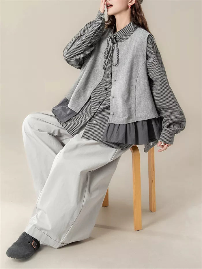 Women's Vintage 2-Piece Set Grey Ruffled Vest & Plaid Long Sleeve Shirt Layered Outfit