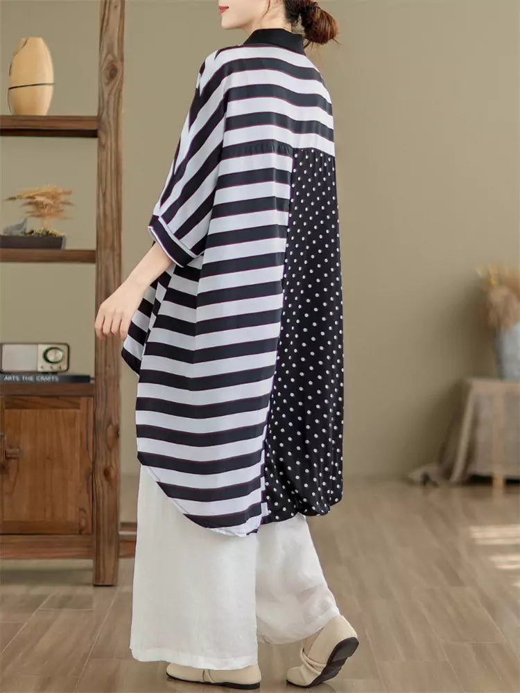 Sommerliches Patchwork-Hemd mit Polka-Dots und Streifen für Damen, Kurzarm, asymmetrischer Saum