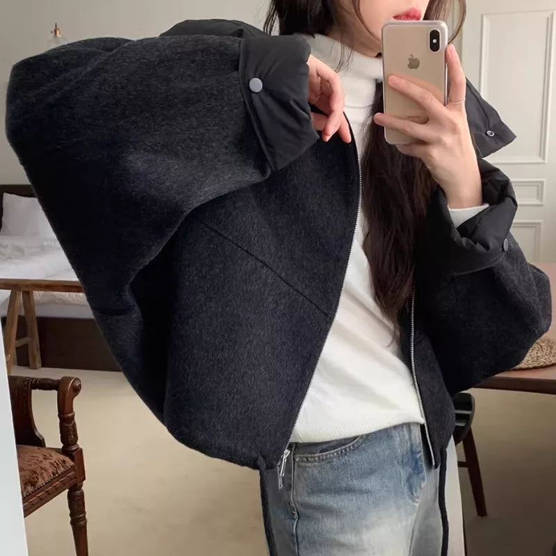 Women's Coffee Brown Woolen Zip-Up Short Jacket with Detachable Hooded Insert