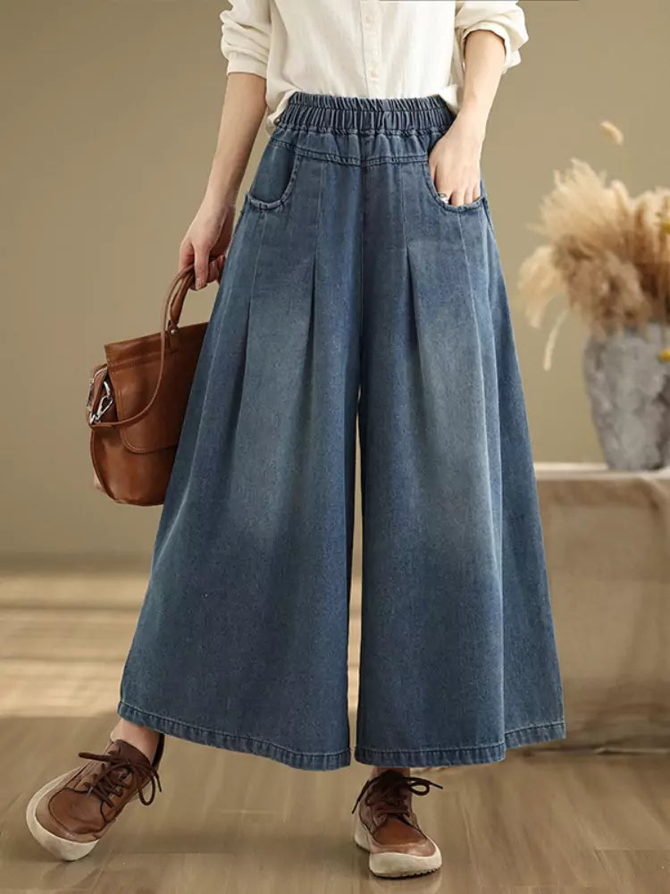 Vaqueros holgados, casuales, de moda, con cintura elástica y pierna ancha para mujer