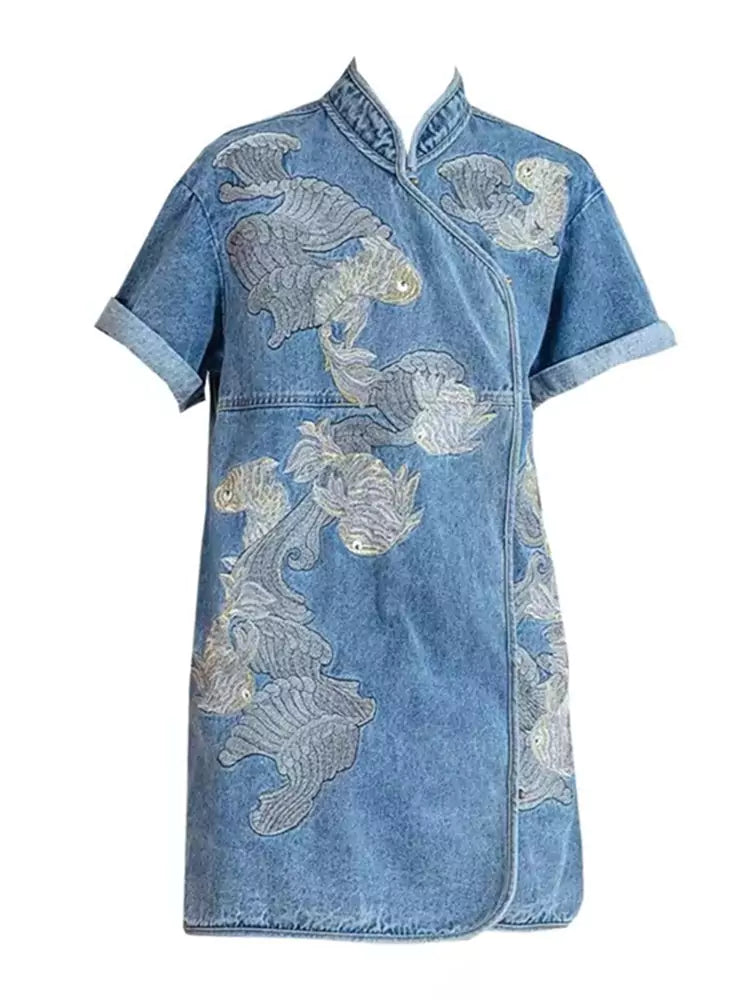 Modern Chinese Style Denim Embroidered Cheongsam with Waist-Cinching Design