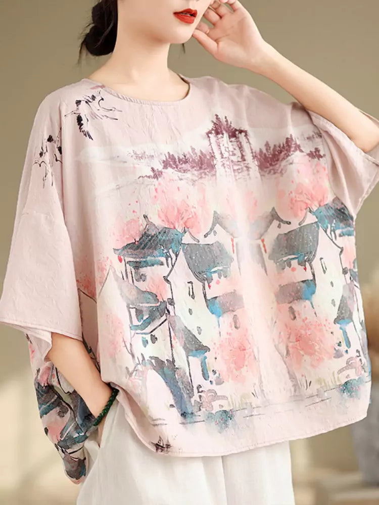 Vintage-Bluse mit künstlerischem Tintendruck, lockerer Passform und Fledermausärmeln für Damen
