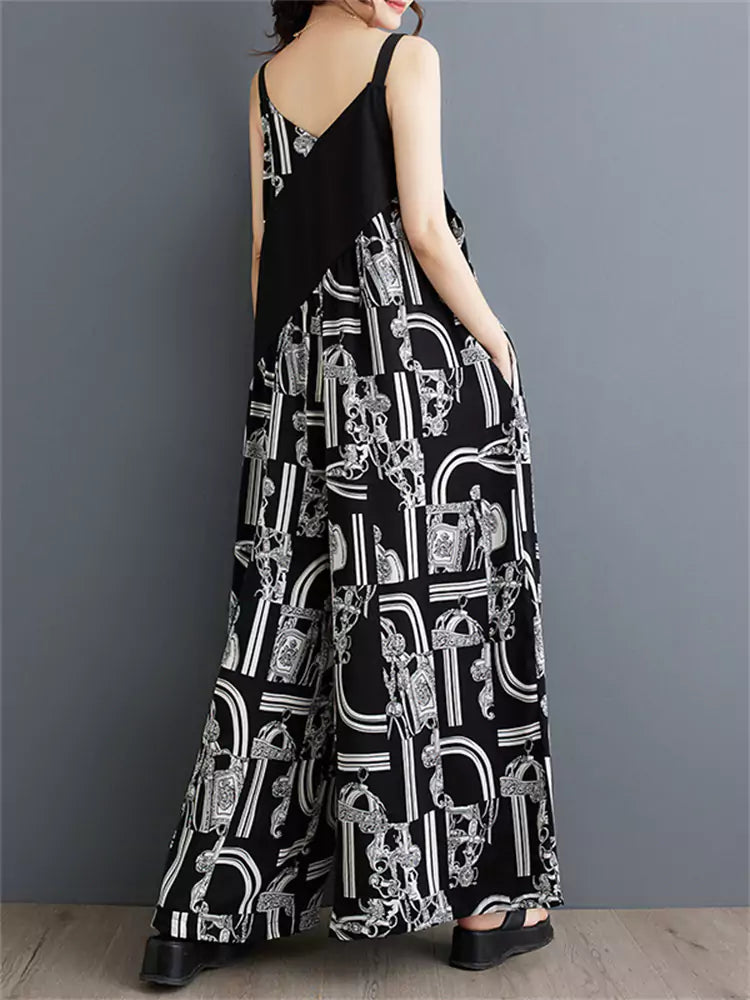 French Style Loose Fit Wide Leg Suspender Jumpsuit for Women