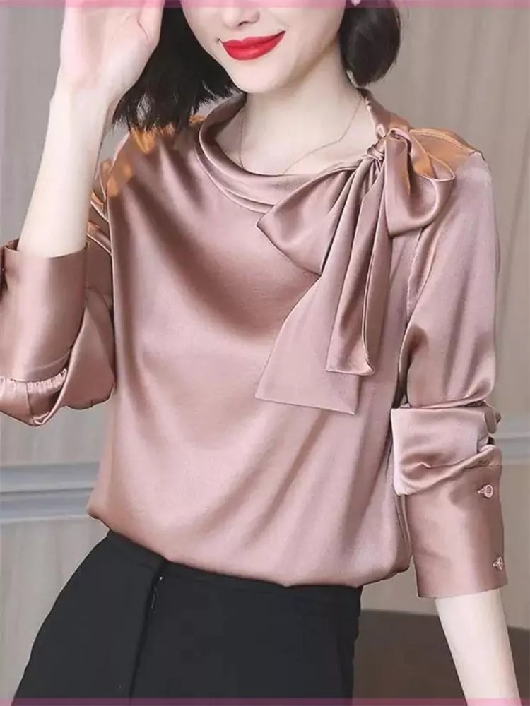 Elegante langärmlige Bluse mit Satinschleife für Damen