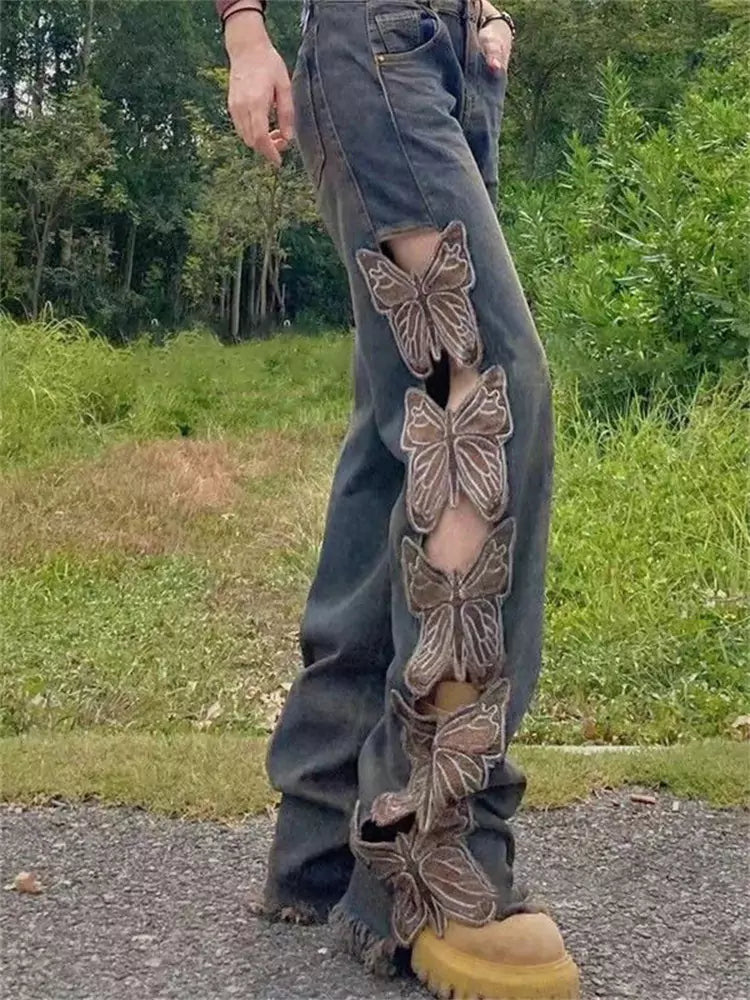 Pantalones vaqueros vintage de cintura alta, bordados y de pierna ancha con corte de mariposa para mujer