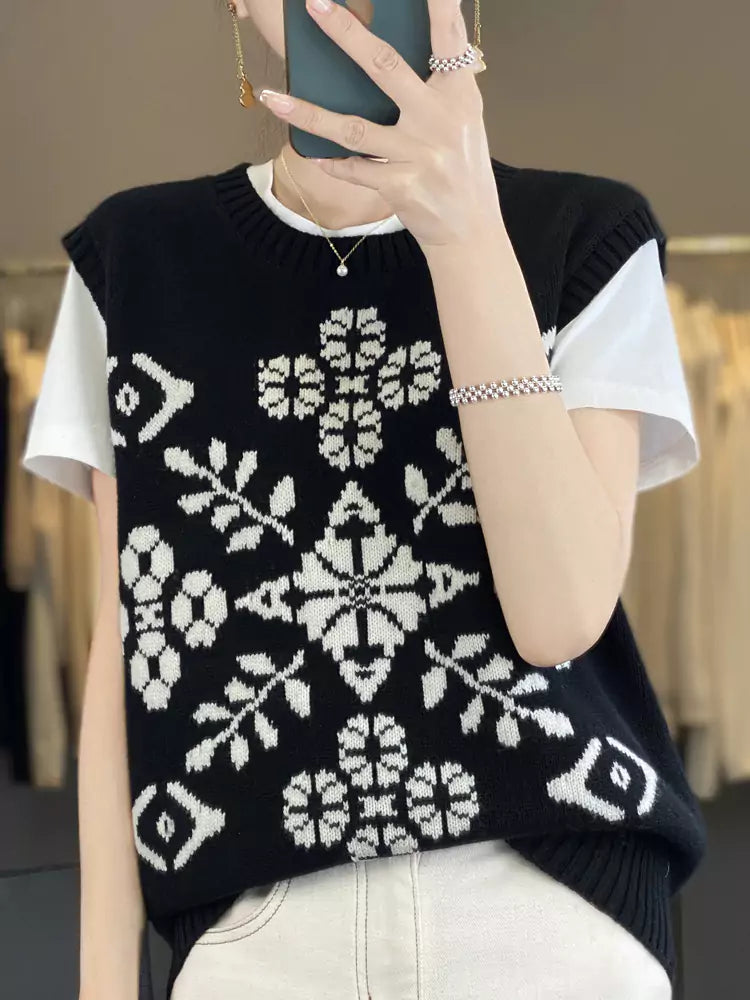Farbblock-Wollweste mit Blumenmuster und Rundhalsausschnitt für Damen im lässigen Stil