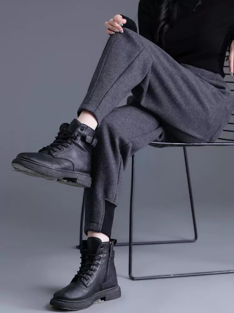 Pantalones harén grises de mezcla de lana para mujer