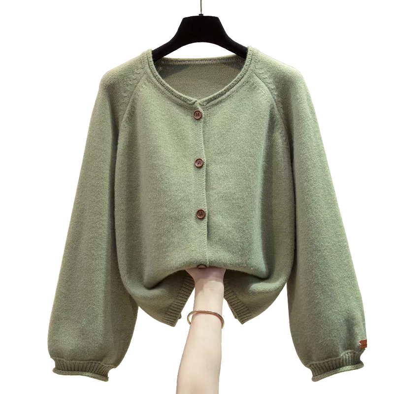 Cárdigan de punto con cuello redondo y botones en color liso para mujer