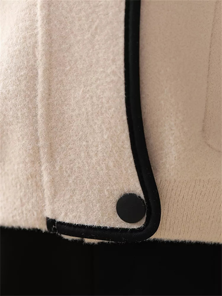 Beigefarbener Wollmantel mit Farbblock-Design und Reißverschluss für Damen
