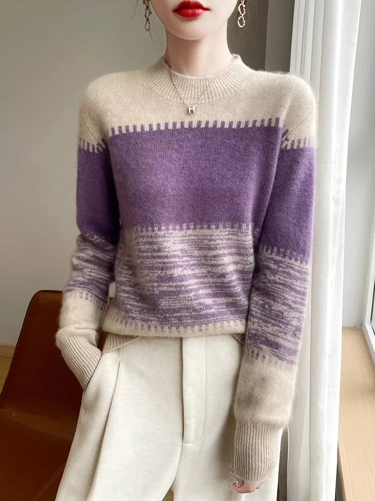 Women's Brown Color Block Striped Soft Knitted Sweater Crew Neck Pullover