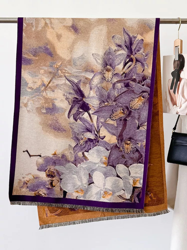 Women's Vintage Purple Floral Jacquard Elegant Double-Sided Cashmere-Feel Shawl Wrap
