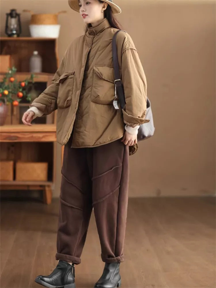 Women's Oversized Cargo Padded Jacket Stand Collar Windproof with Large Pockets