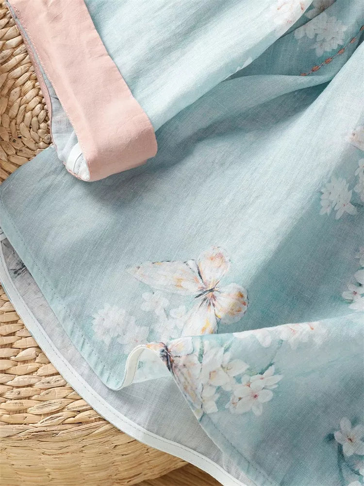 Women's New Chinese Style Lake Blue Ramie Linen Blouse Floral Butterfly Print Diagonal Placket Zen Tea Shirt