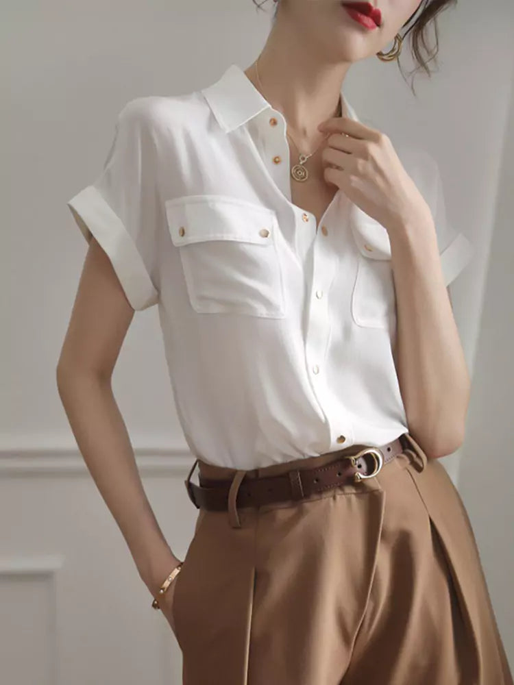 French Style Vintage White Short Sleeve Shirt for Women