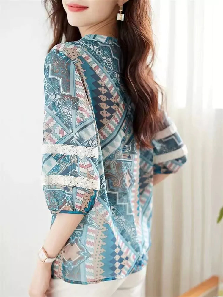 Bohemian Style Lightweight V-Neck Blouse with Lace Trim for Women