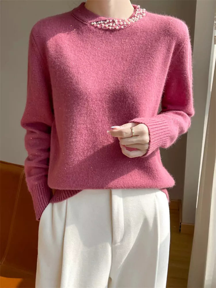 Suéter vintage de punto cálido con cuentas para mujer