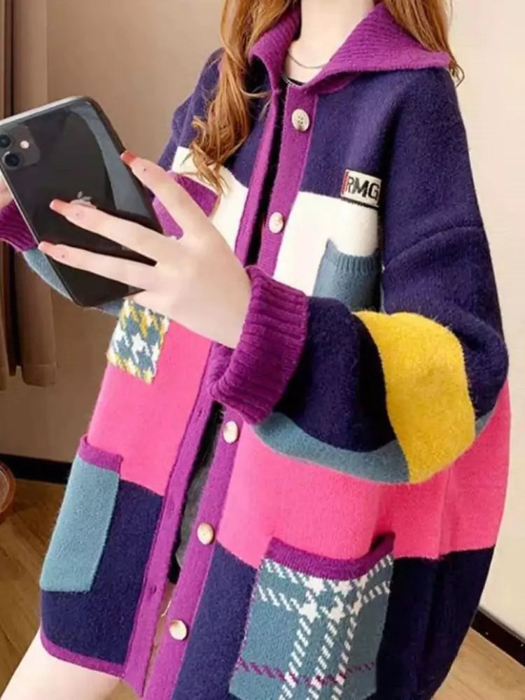 Cárdigan holgado de punto con bloques de color estilo coreano para mujer