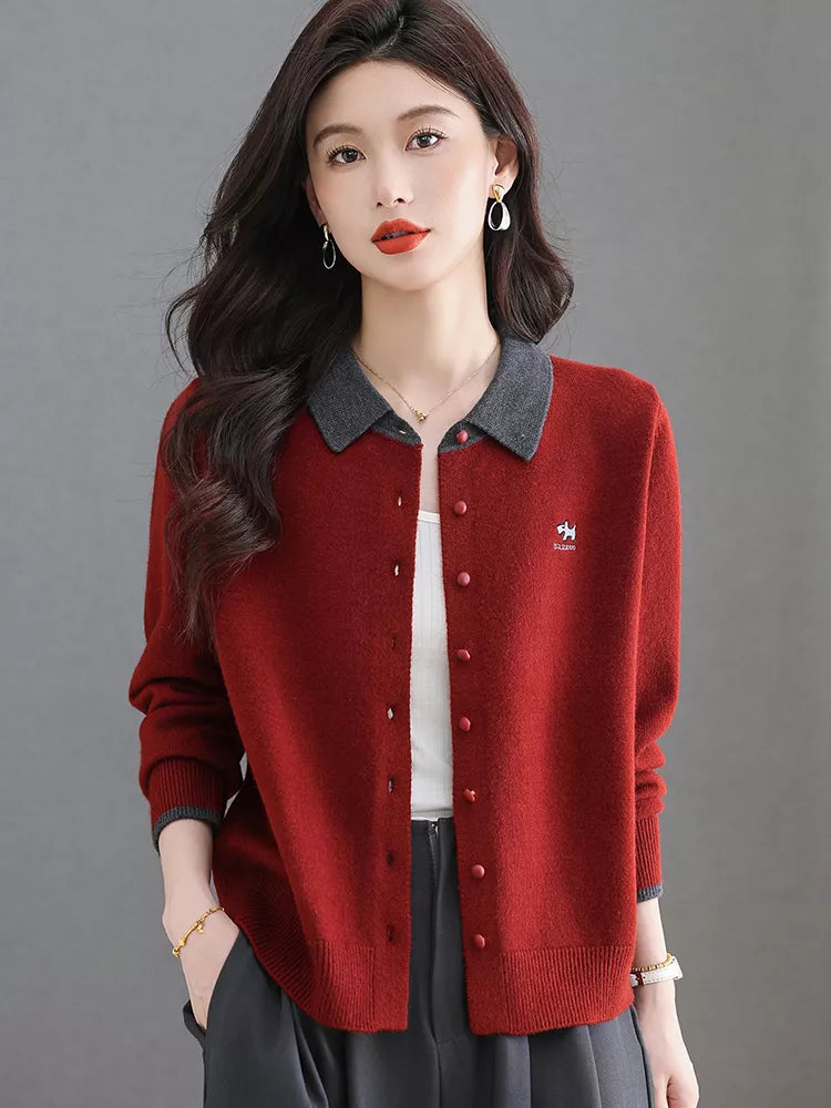 Cárdigan de punto con cuello en bloques de color para mujer