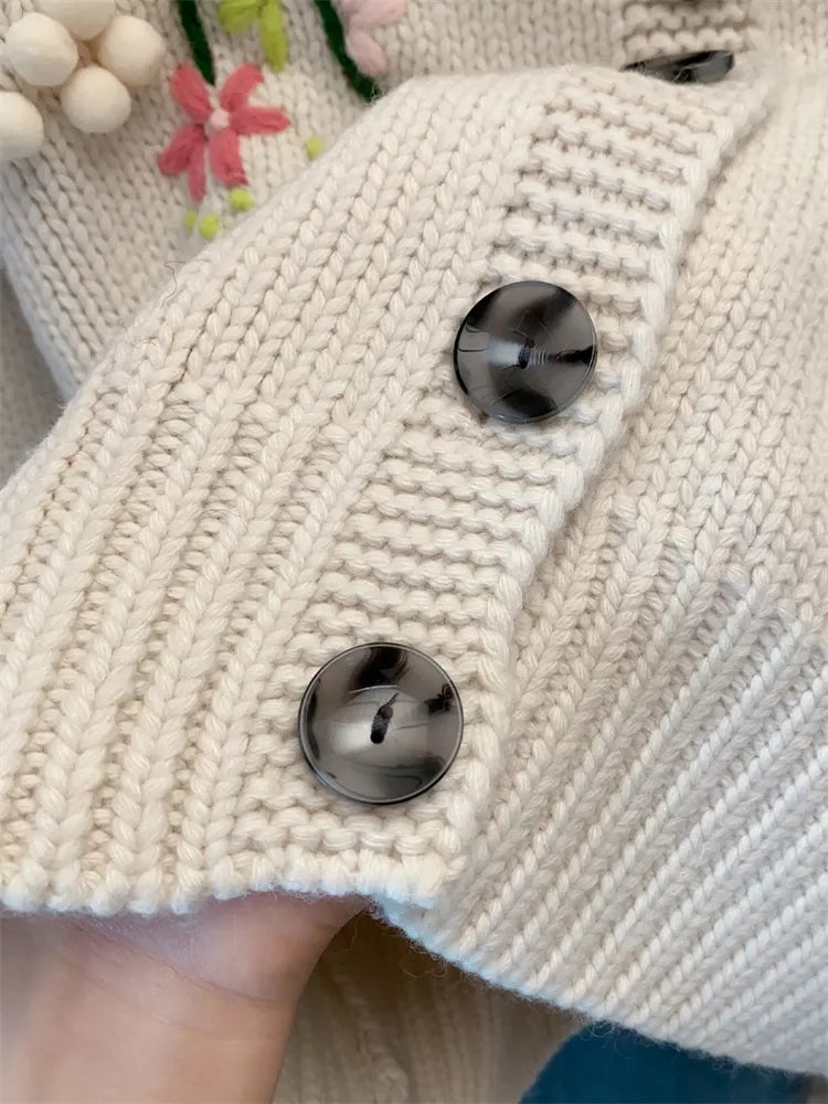 Cárdigan vintage de punto grueso bordado a mano para mujer