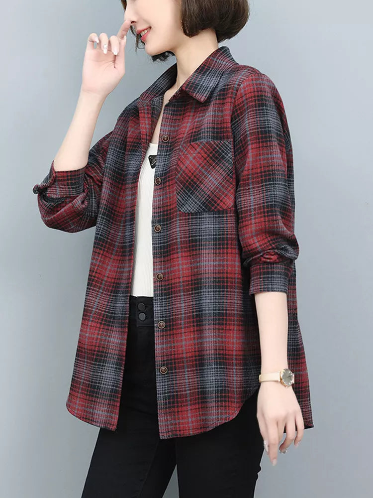 Casual Cotton Plaid Shirt Jacket for Women