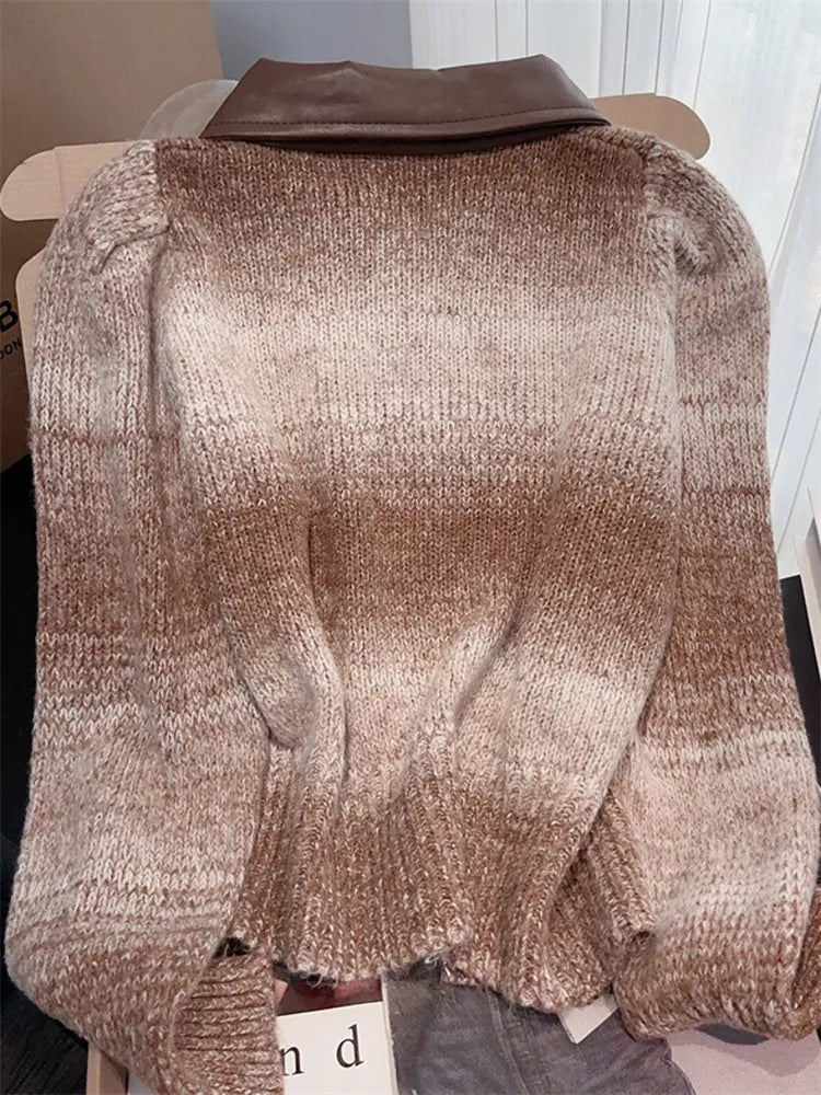 Vintage Cropped PU Leather Patchwork Zip-Up Striped Knit Cardigan for Women