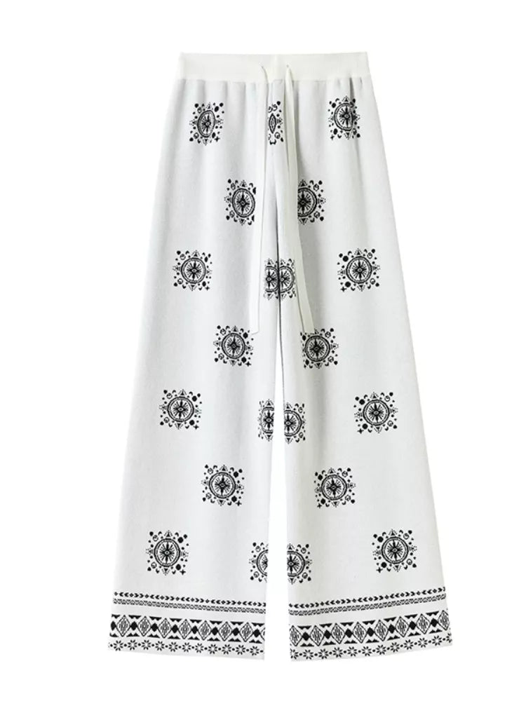 Pantalones de punto con cordón y cintura alta para mujer - Pantalones casuales bohemios de pierna ancha