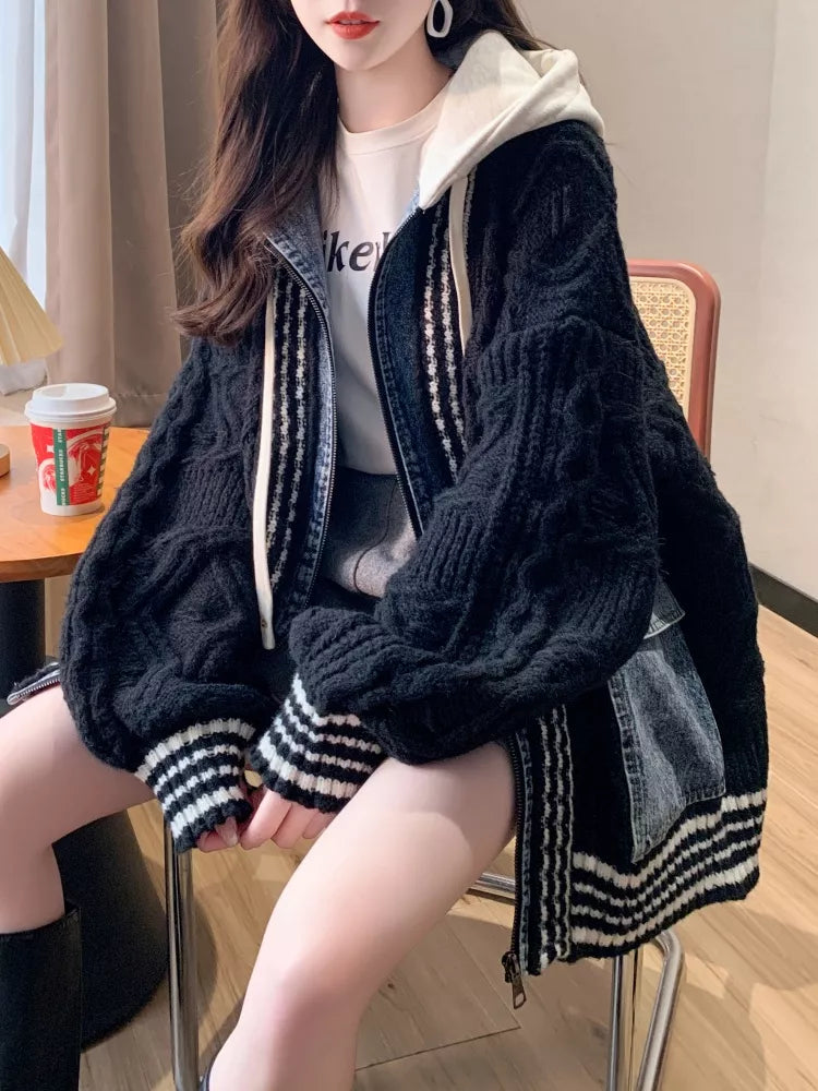 Cárdigan de punto trenzado con patchwork de mezclilla para mujer - Abrigo tipo suéter con capucha y cremallera