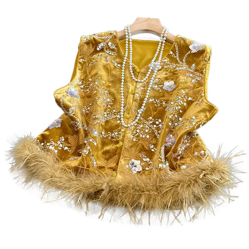 New Chinese Style Gold Velvet Sequin Embroidered Vest with Faux Feather Trim