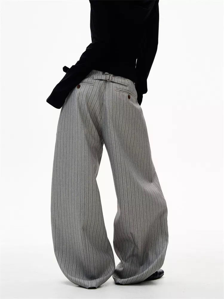 Women's American Retro Grey Pinstripe Curved Leg Loose Suit Pants