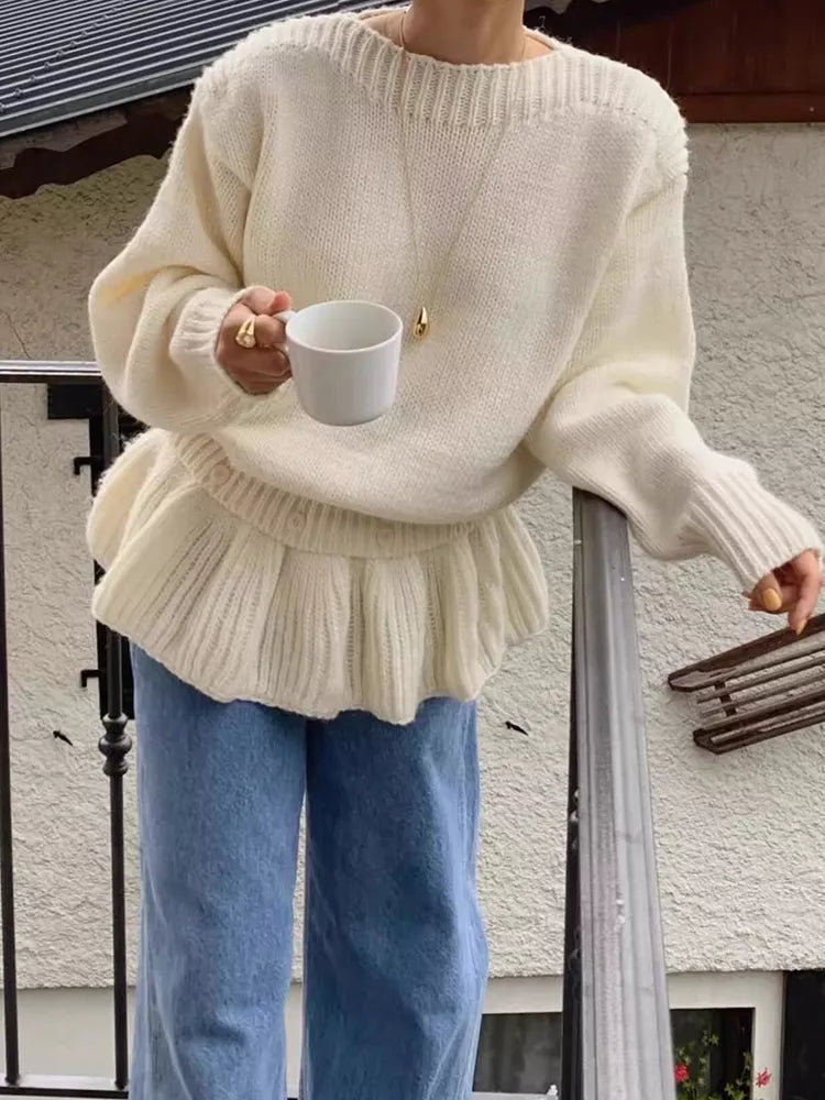 Women's Soft Cream Knit Ruffled Peplum Sweater