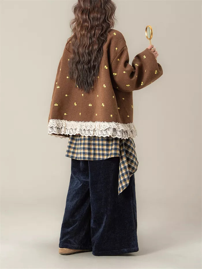 Women's French Sweet Coffee Brown Floral Embroidered Wool Blend Jacket with Lace Trim