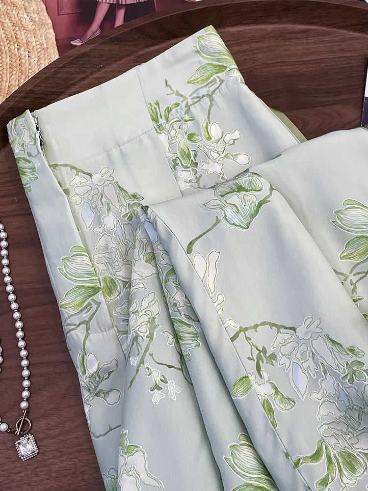 Women's New Chinese Style Green Floral Wide Leg Pants High Waist Satin Vintage Straight Trousers