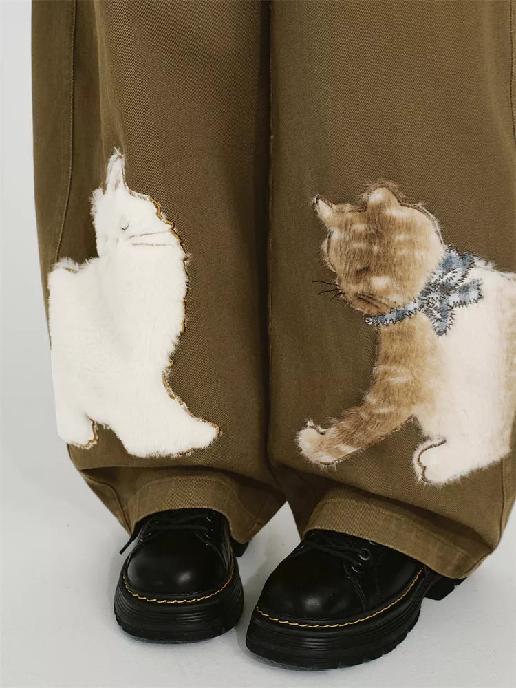Women's Olive Green Wide Leg Pants Cute Fuzzy Cat Applique Baggy Trousers