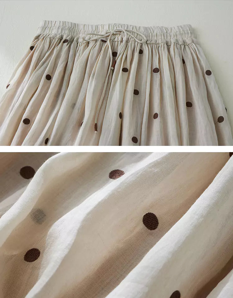 Hochtaillierter, doppellagiger A-Linien-Maxirock aus Ramie und Leinen mit Polka-Dots für Damen