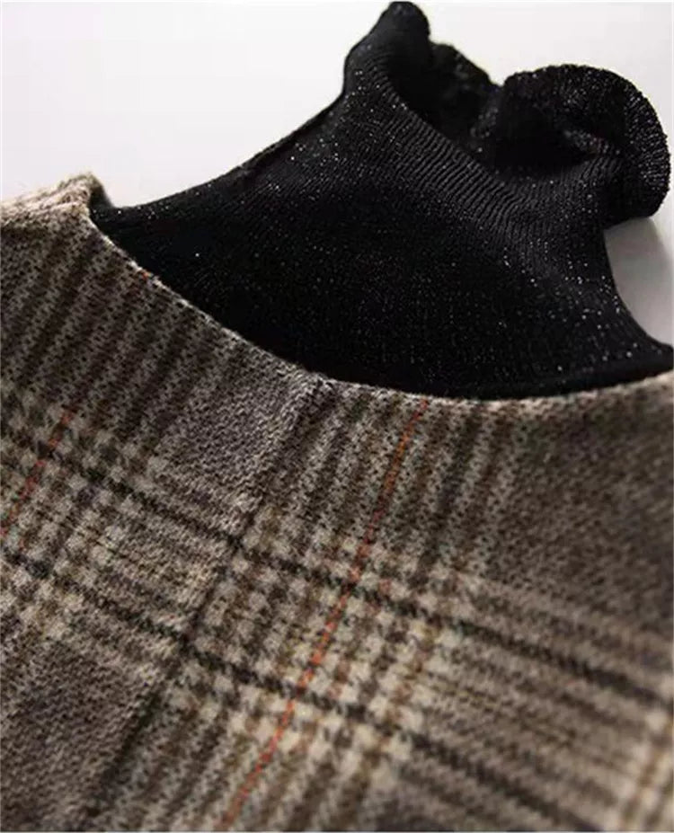 Cárdigan vintage de punto con cuello en V y cuadros para mujer