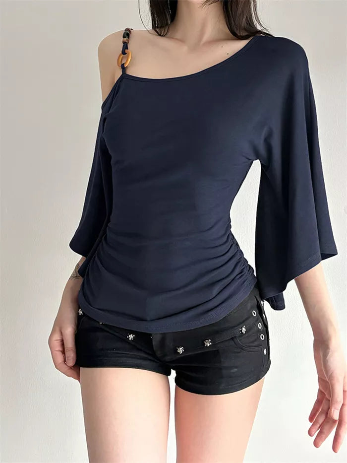 Women's Brown Asymmetric One-Shoulder Ruched Top with Ring Detail and Bell Sleeves