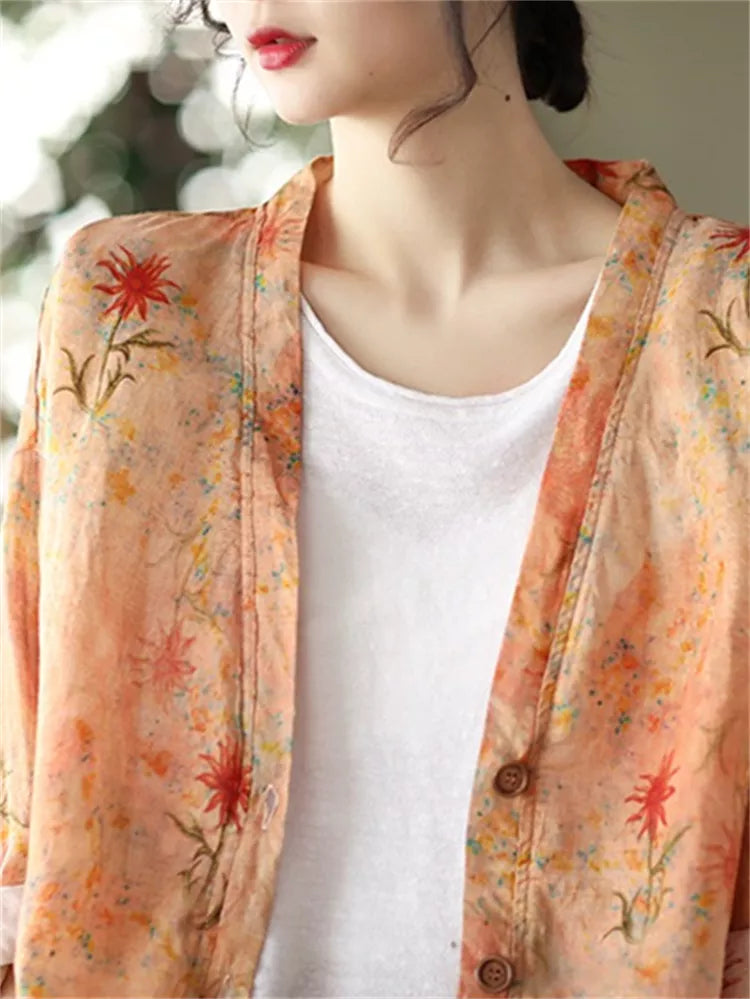 Orangefarbenes, lässiges Vintage-Leinenhemd für Damen mit Print