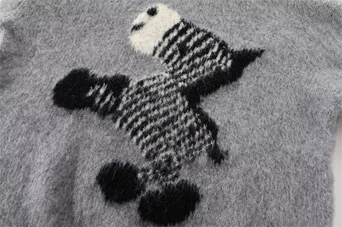 Women's Red Fuzzy Knit Sweater with Abstract Zebra Graphic