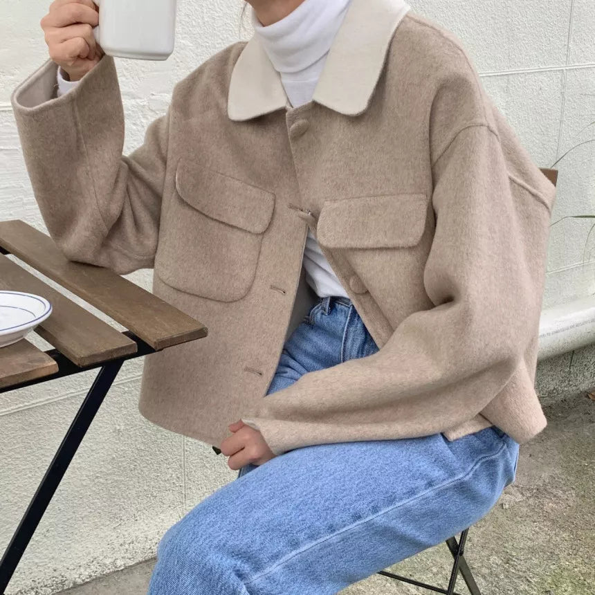 Women's Vintage Grey Woolen Short Jacket with Contrast Cream Collar