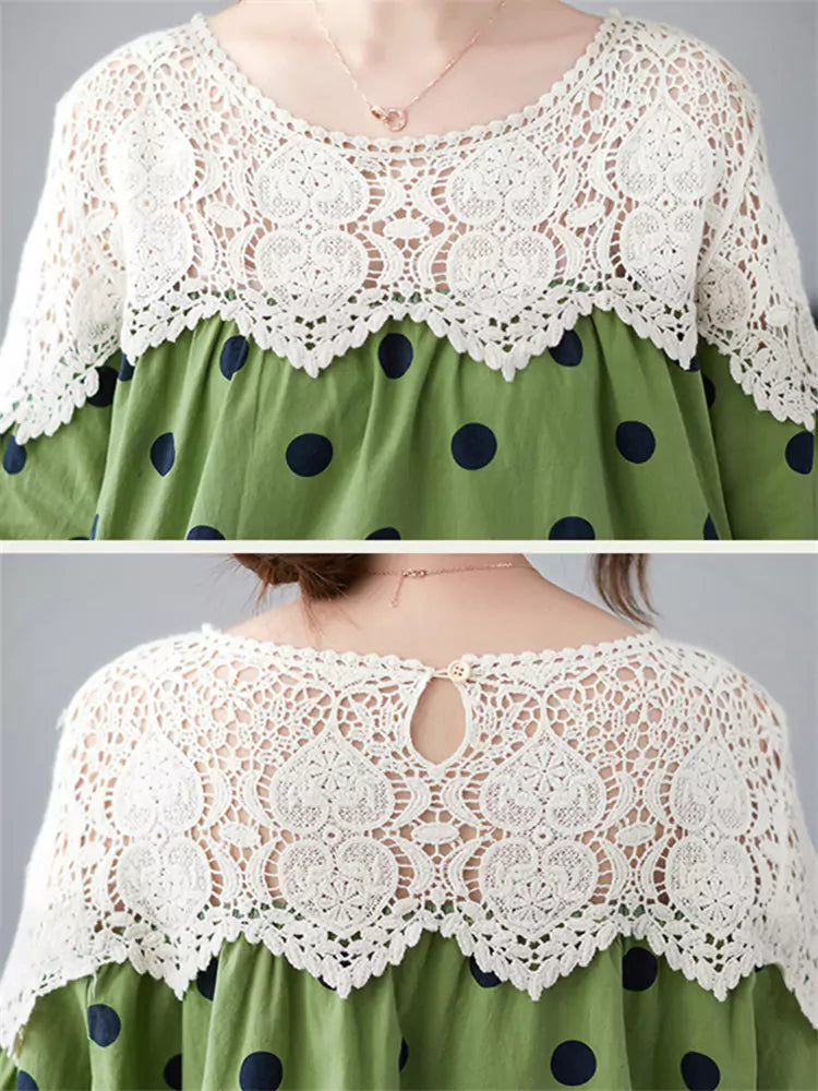 Süße, kurzärmelige Bluse im französischen Stil mit Polka-Dot-Spitzenapplikationen