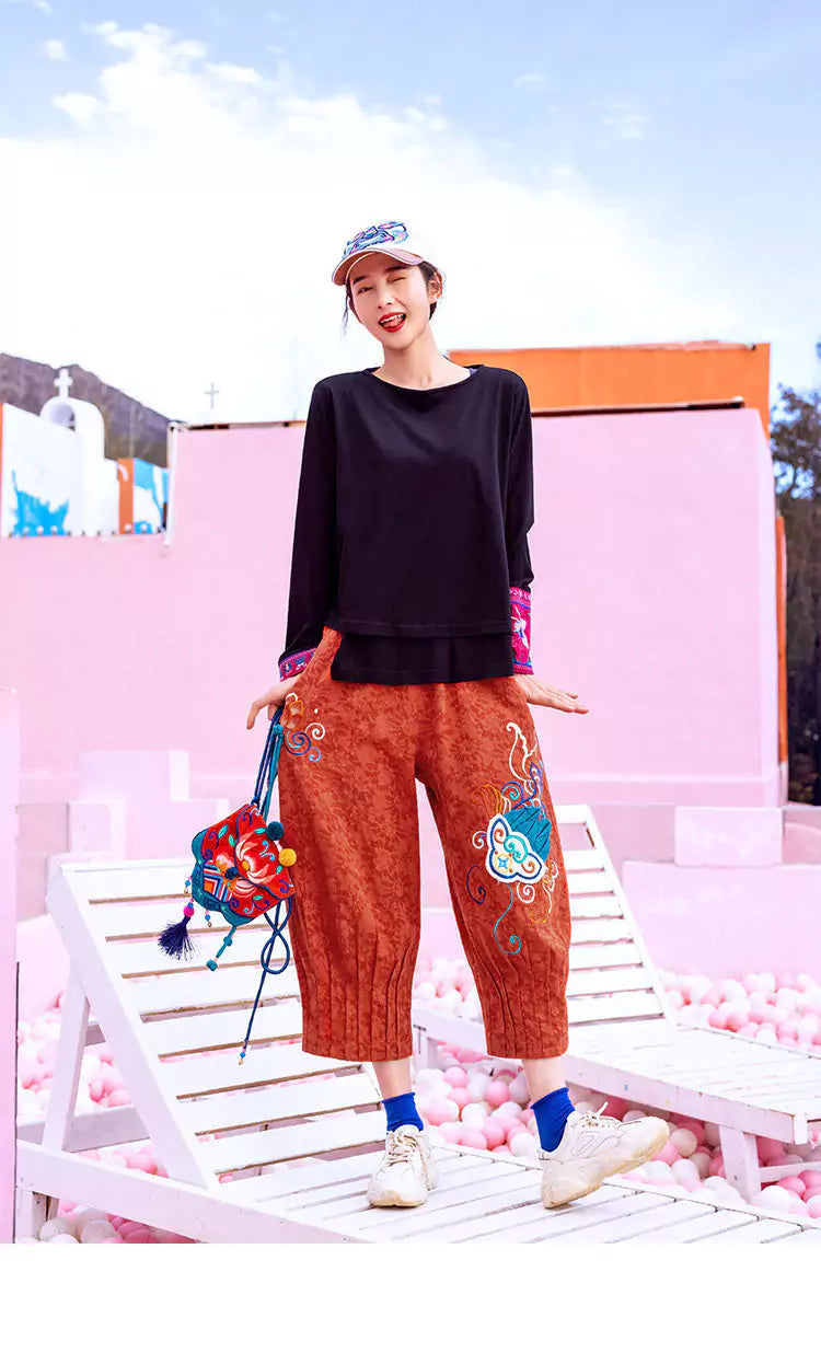 Pantalones bombachos holgados con bordados estilo bohemio para mujer