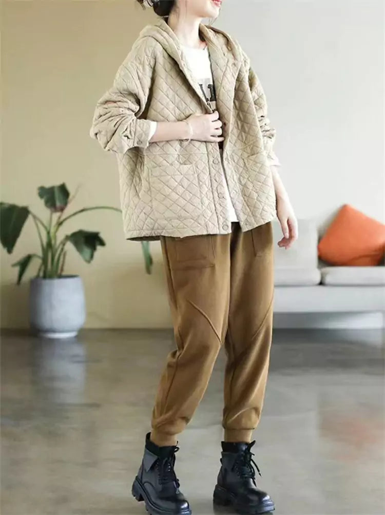 Orangefarbene, wattierte Baumwolljacke mit Kapuze für Damen