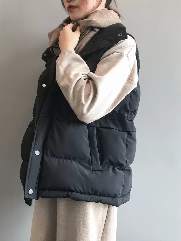 Women's Cream Beige Puffer Vest with Drawstring Waist Stand Collar