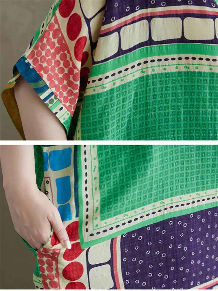 Vintage Maxikleid aus Baumwoll-Leinen-Mischgewebe mit V-Ausschnitt und lockerer Passform im Boho-Stil – perfekt für Strand und Urlaub