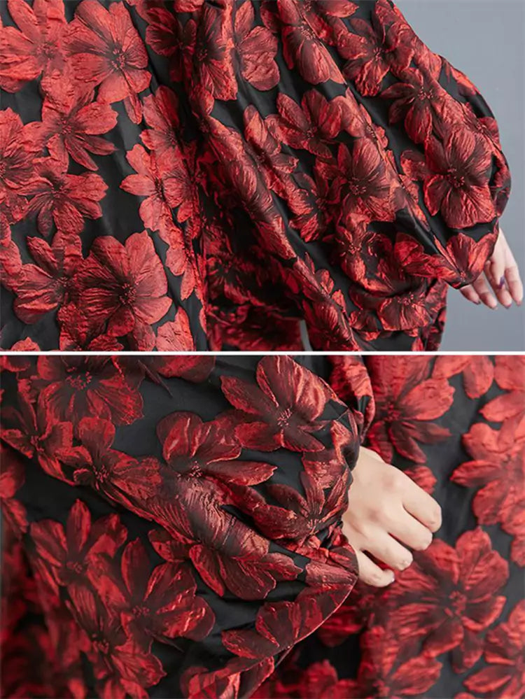 Modisches, übergroßes rotes Kleid mit floralem Jacquardmuster und Puffärmeln