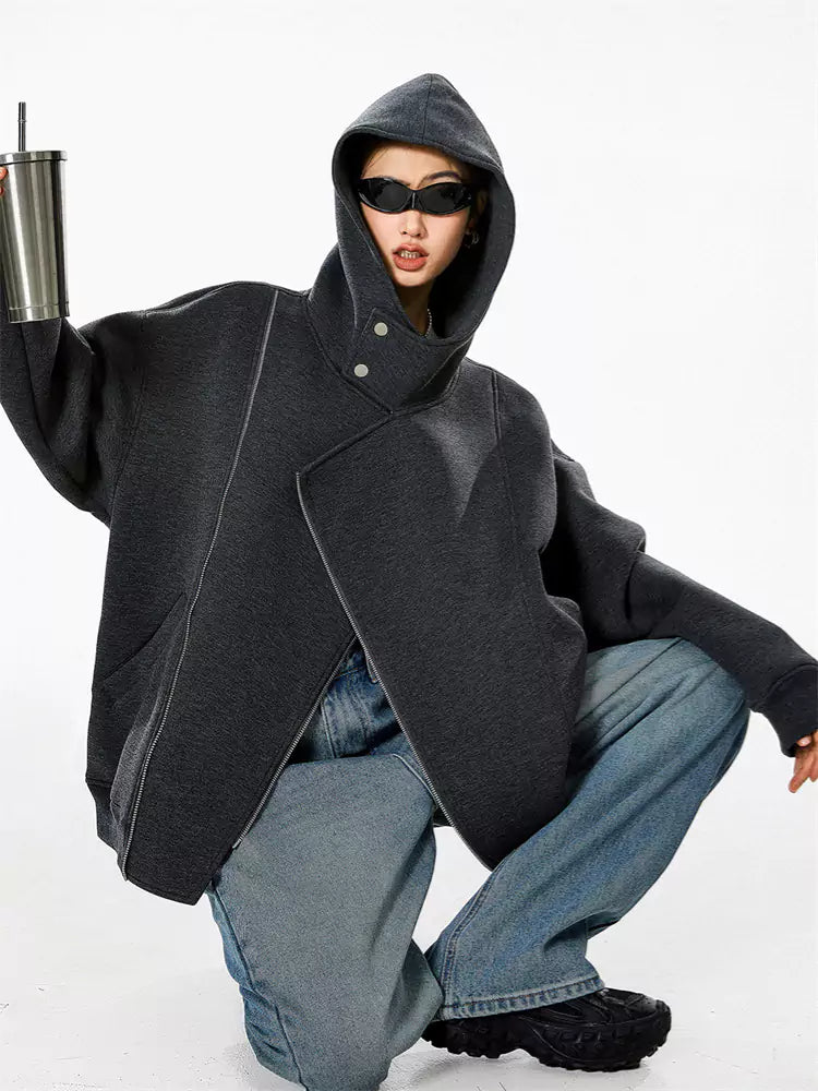 Sudadera con capucha y cremallera asimétrica azul marino vintage para mujer