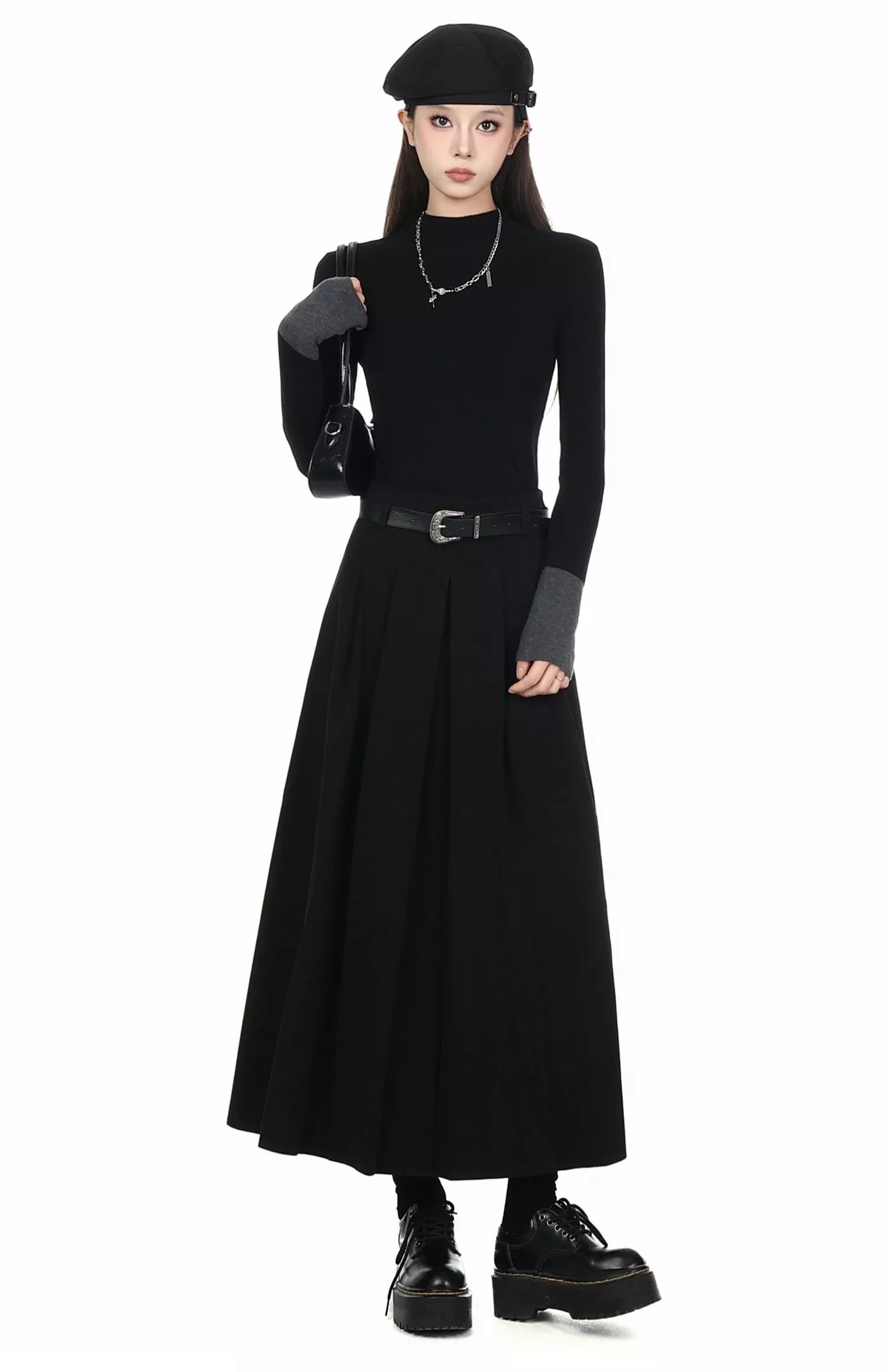 Vintage Black Mock Neck Patchwork Knit Sweater for Women