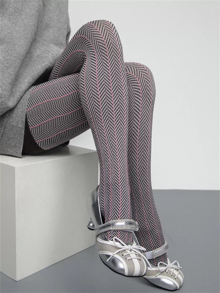 Strumpfhose aus Baumwollstrick mit Fischgrätmuster für Damen, Herbst/Winter